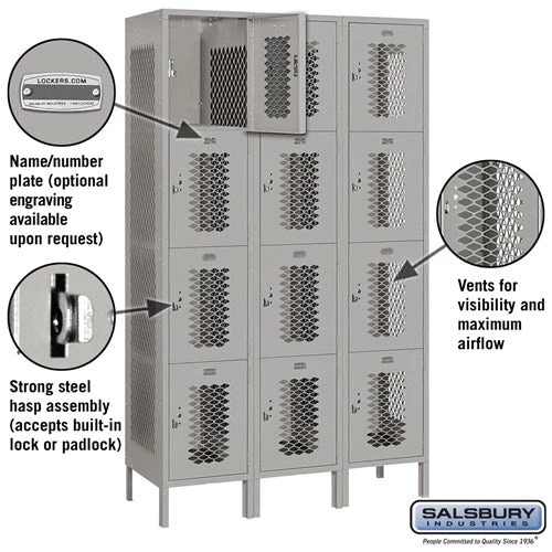 Salsbury 15" Wide Four Tier Vented Metal Locker - 3 Wide Starting Pistol Accessories 2 Salsbury 15" Wide Four Tier Vented Metal Locker - 3 Wide Starting Pistol Accessories